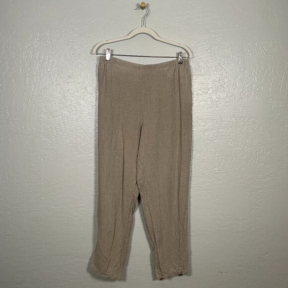 Flax Women M Beige Tan Linen Pants Loose Fit Elastic Waist Pull On Lagenlook - Picture 1 of 9